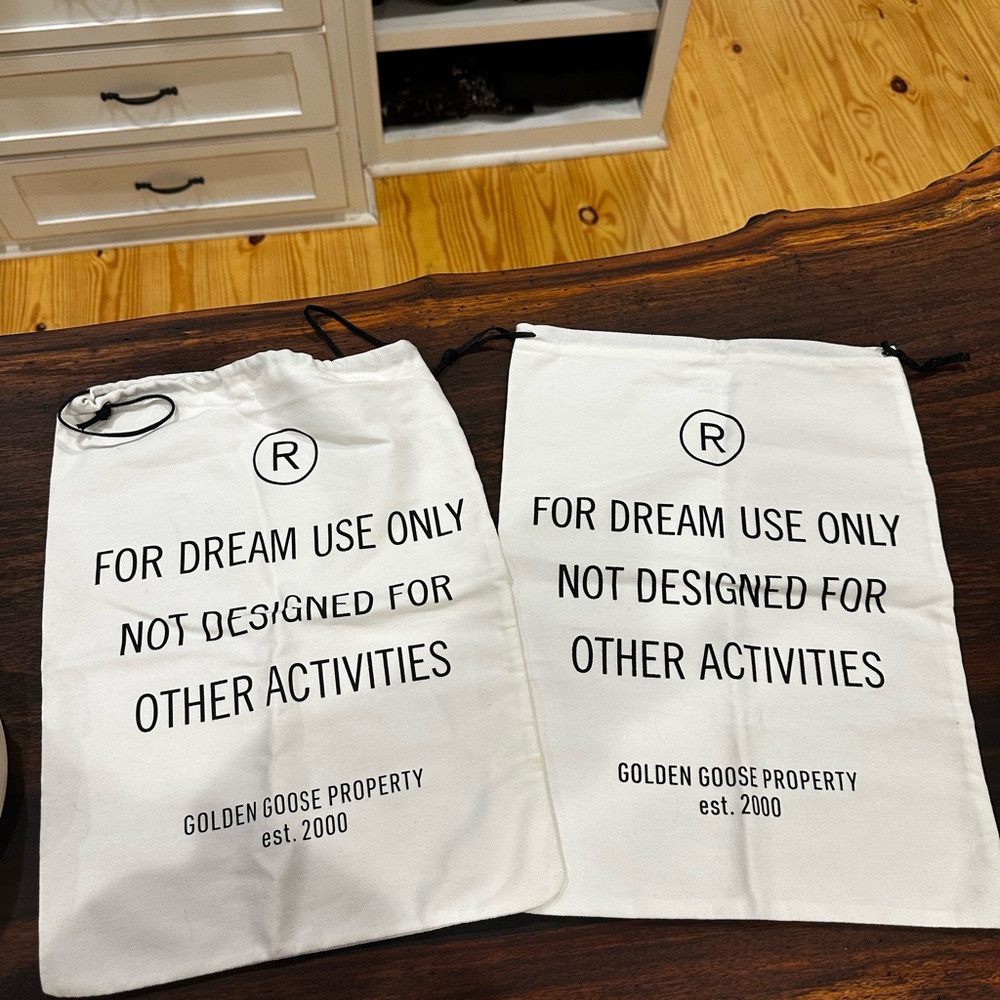 Golden Goose White Drawstring Logo Dust Bags with Black Print